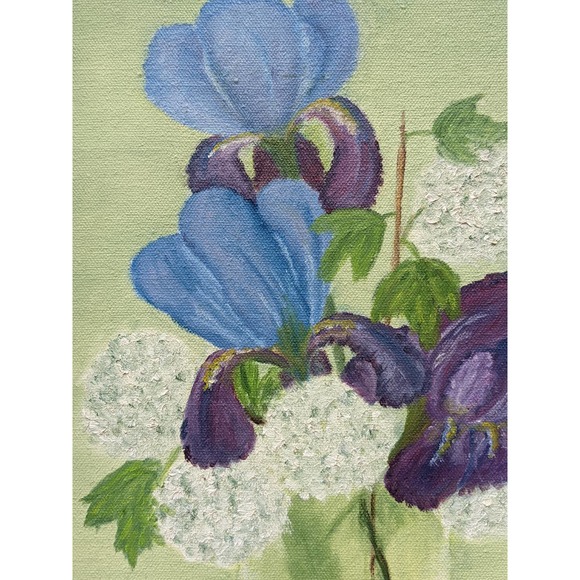 Vintage Mid-Century Floral Oil Painting, Pansies Iris Snowballs, Mint Green - Picture 9 of 10